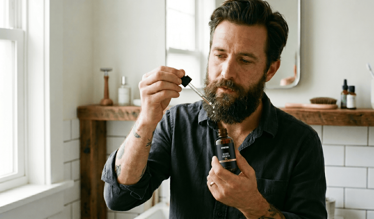 man applyin spartan beard oil to his long beard
