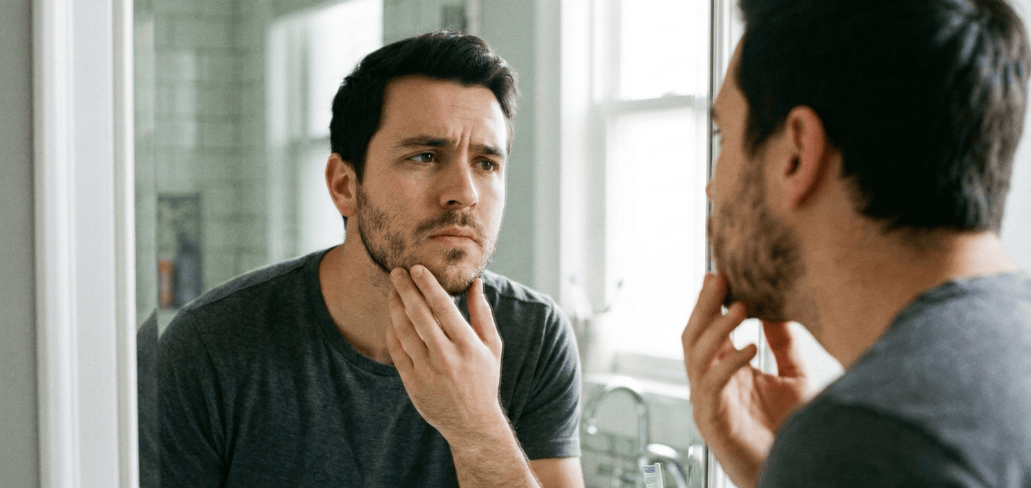 man having a patchy beard wondering why he cant grow proper beard