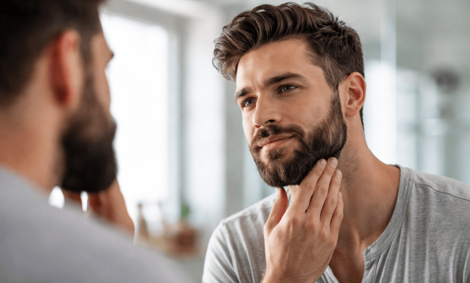 man with a nice beard looking himself in the mirror