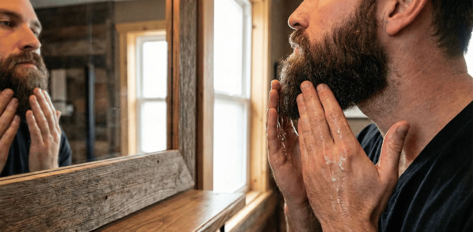 men applies a beard oil to his face