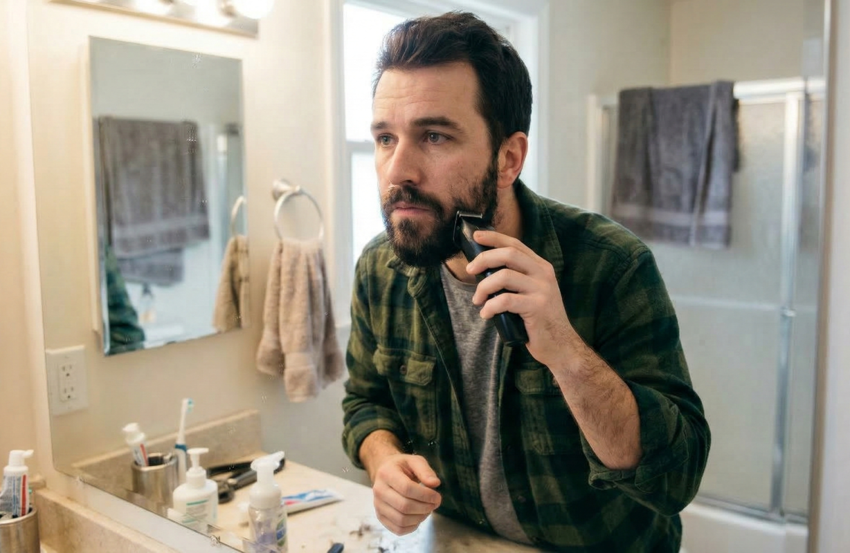 men trimming his beard in front of the mirror
