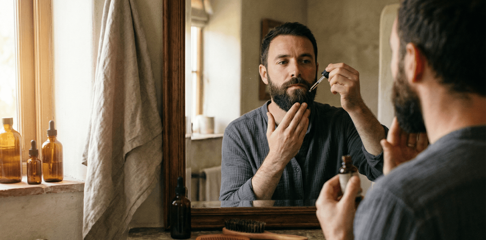 a man taking care of his beard in front of a mirror